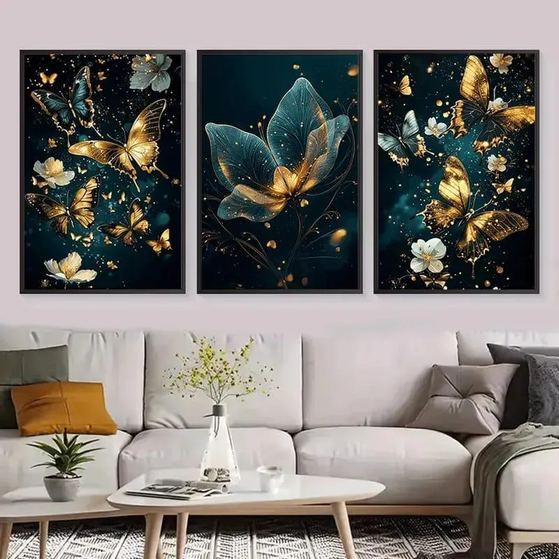 Set of 3 Floral Wall Frames Teal Butterflies MDF Decor